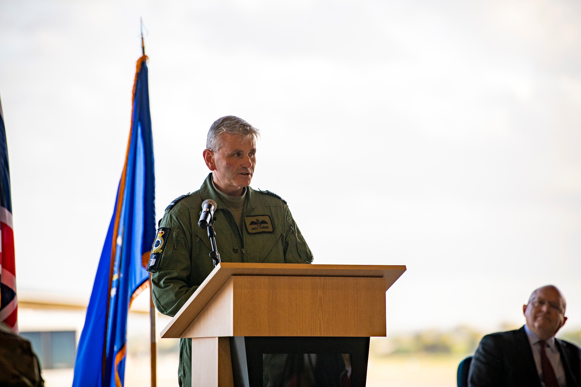 Air Marshal Andrew Turner, RAF Deputy Commander Capability, speaks during a Bomber Task Force press conference at RAF Fairford, England, Oct. 20, 2021. Airmen from the 9th Expeditionary Bomb Squadron are temporarily stationed at RAF Fairford as part of a BTF deployment. Given the inherent speed, flexibility, and range of strategic bombers, BTF missions highlight U.S. capabilities and commitment to work closely with our allies and partners to deter any potential adversary from aggressive actions. (U.S. Air Force photo by Senior Airman Eugene Oliver)
