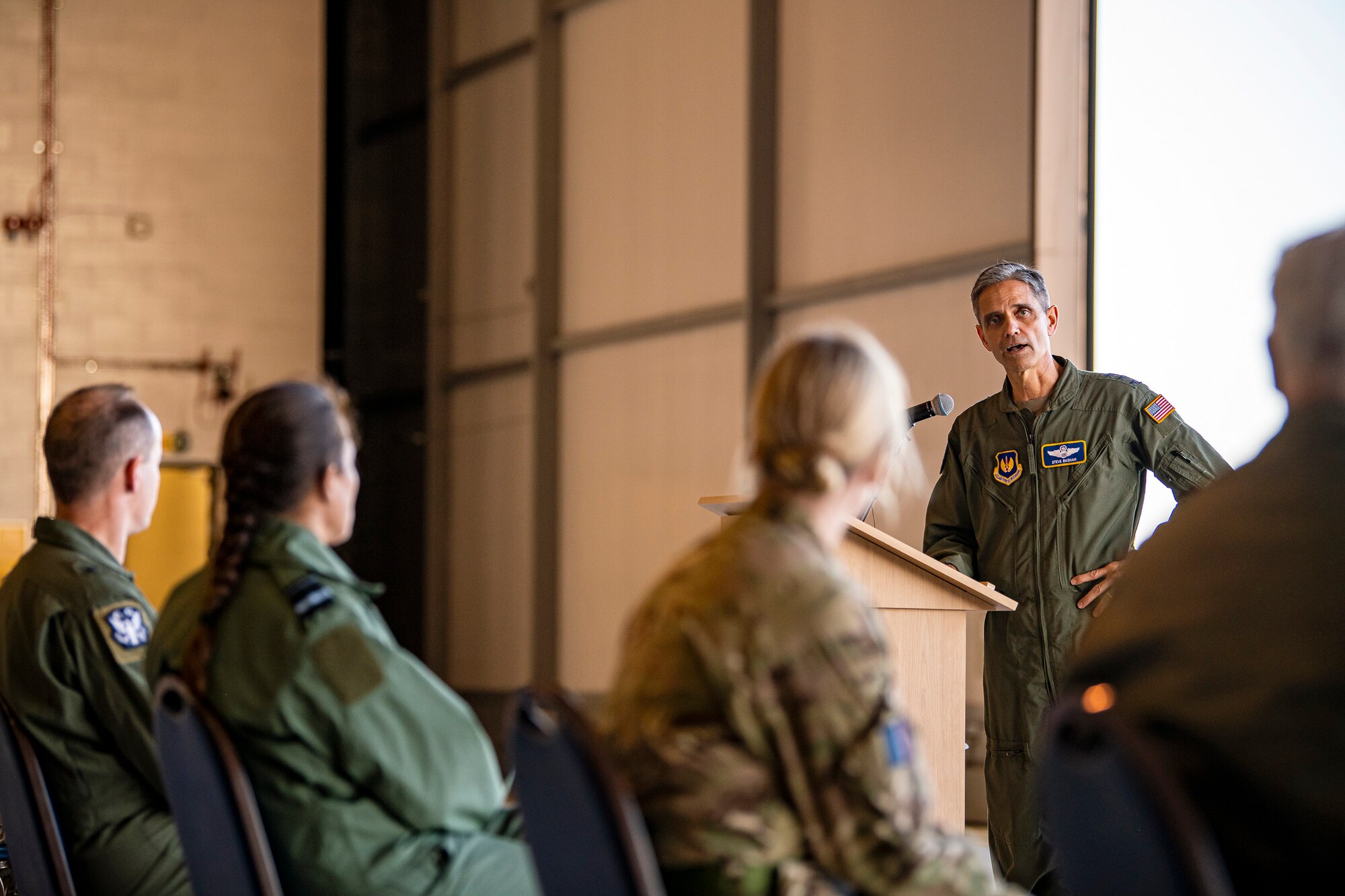 U.S. Air Force Lt. Gen. Steven L. Basham, right, U.S. Air Forces in Europe-Air Forces Africa deputy commander, speaks during a Bomber Task Force press conference at RAF Fairford, England, Oct. 20, 2021. Strategic bomber missions enhance the readiness necessary to respond to any potential crisis or challenge across the globe. (U.S. Air Force photo by Senior Airman Eugene Oliver)