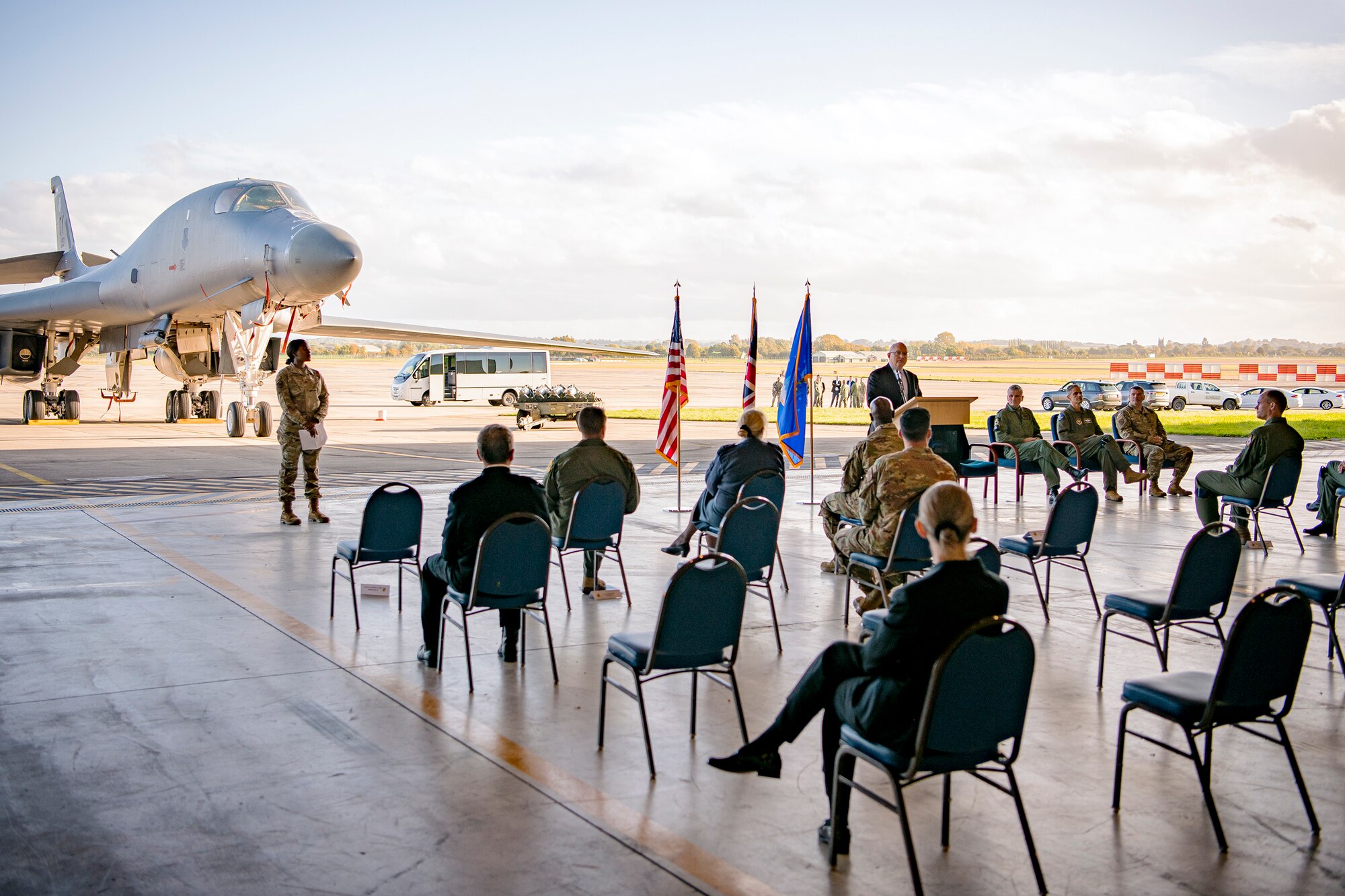Ambassador Phillip T. Reeker, United States Embassy London Chargé d’Affaires, speaks during a Bomber Task Force press conference at RAF Fairford, England, Oct. 20, 2021. Reeker visited RAF Fairford to immerse with Airmen from the 9th Expeditionary Bomb Squadron who are temporarily stationed at Fairford for a BTF deployment. A BTF is the global employment of U.S. Strategic bombers, providing strategic military advantage to achieve national and combatant commander objectives. (U.S. Air Force photo by Senior Airman Eugene Oliver)