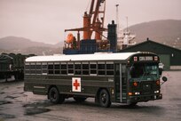 Personnel from U.S. Navy Expeditionary Medical Support Command and U.S. Naval Forces Europe and Africa/U.S. Sixth Fleet deliver medical vehicles like this one as part of the delivery of an Expeditionary Medical Facility (EMF) to Bogen Bay, Norway, Sept. 25, 2021.