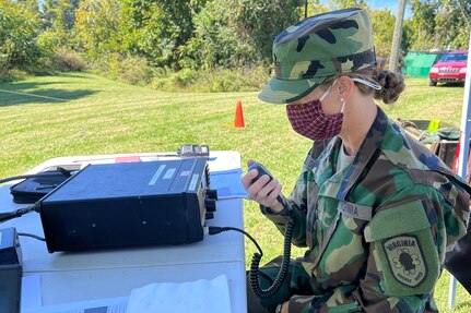 A member of the Virginia Defense Force trains on a high-frequency radio Oct. 2, 2021, in Warrenton, Virginia, during Highland Guardian 21. HG 21 is a statewide readiness exercise to test the VDF’s ability to respond during an emergency.