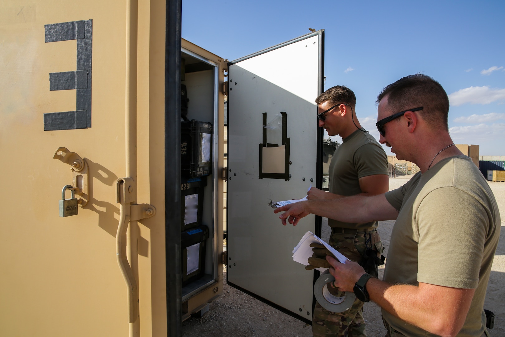 U.S. Air Force Airmen conduct an inventory of combat-related tactical equipment before being transitioned out of theater at Al Asad Air Base on October 19, 2021. As equipment exits theater, Combined Joint Task Force-Operation Inherent Resolve remains ready and capable to deter threats while transitioning to an advise, assist and enable role in order to allow the continued defeat of Daesh. (U.S. Army photp by Spc. Clara Soria-Hernandez)