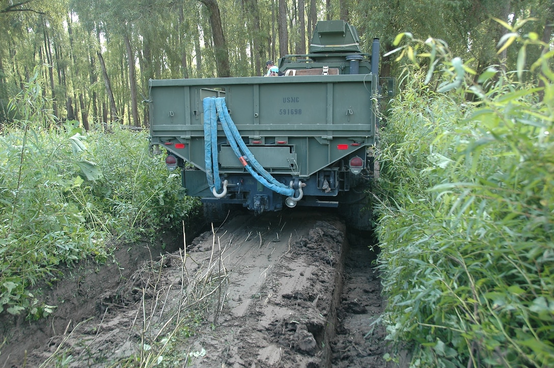The Vehicle Cone Index test (VCI) concludes once the vehicle becomes immobile. Data is then collected and used to determine the One-Pass VCI (VCI1). (U.S. Army Corps of Engineers photo)