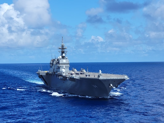 Japan Maritime Self-Defense Force Izumo-class multi-purpose operation destroyer JS Kaga (DDH 184) prepares to conduct an underway replenishment with Henry J. Kaiser-class underway replenishment oiler USNS Yukon (T-AO 202) in the Western Pacific Ocean as part of MALABAR 21, Aug. 29.