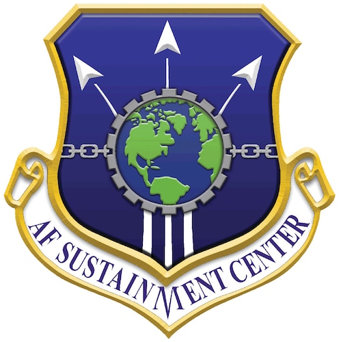 Rotator graphic that was created to display the name and logo of Air Force Sustainment Center. (U.S. Air Force graphic)