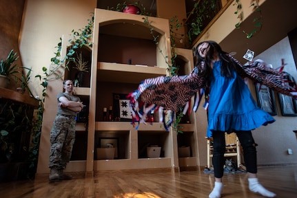 Sgt. 1st Class Mike Beck’s daughter practices traditional Lakota dance at their home April 21, 2021, in Rapid City South Dakota. Michael, an operations NCO, and his wife, Emily, a cultural resources program manager, both with the South Dakota National Guard, have cared for more than two dozen children and adopted seven Lakota children.