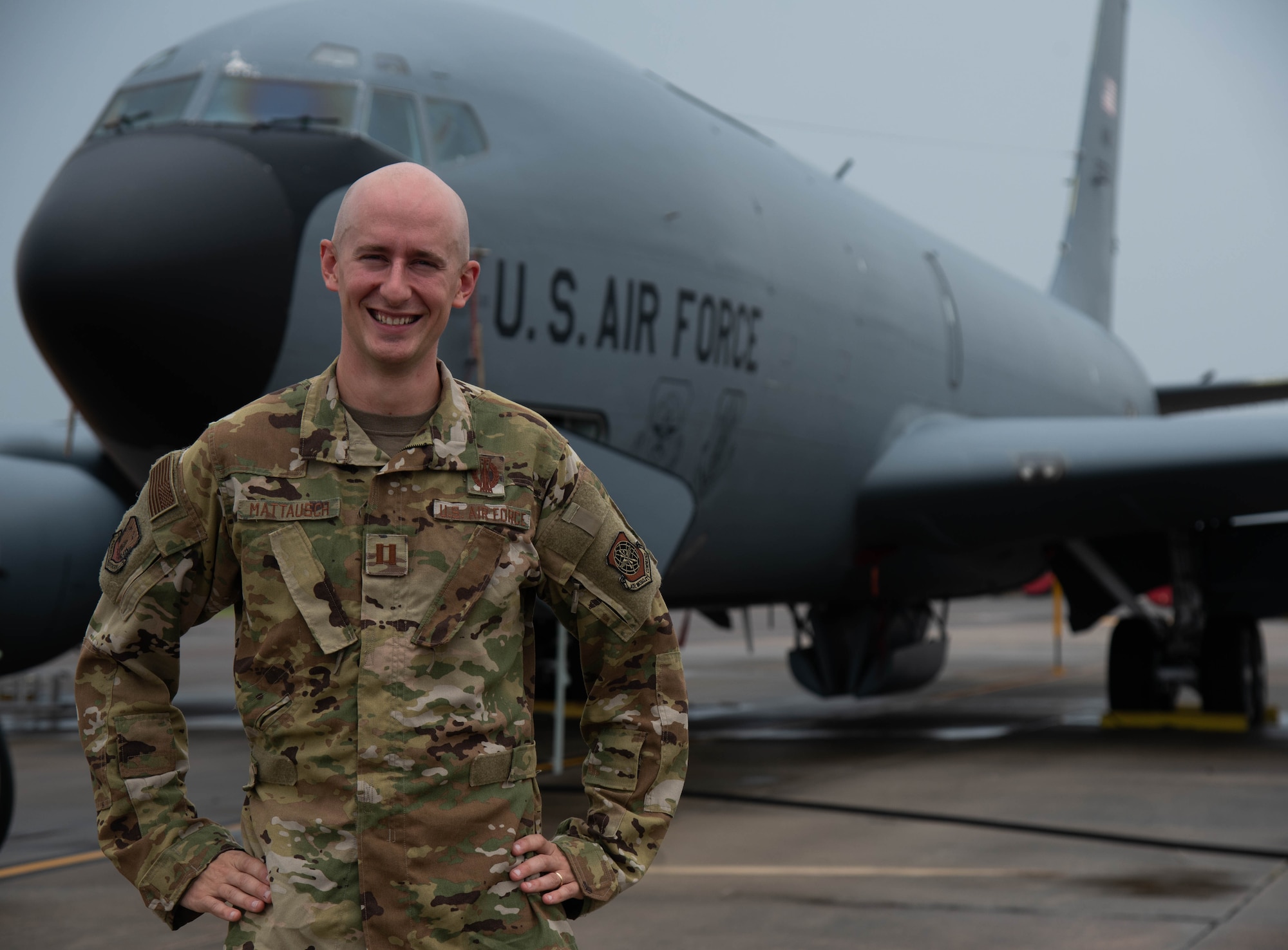 U.S. Air Force Capt. Spencer Mattausch, 6th Air Refueling Wing plans and programs officer, poses in front of a 6th Air Refueling Wing KC-135 Startotanker aircraft on the MacDill Air Force Base flight line Oct. 25, 2021. Mattausch, temporarily assigned to the 91st Air Refueling Squadron for the next two years, is training, certifying and modernizing how the 91st ARS prepares for nuclear generation as part of Air Force Global Strike Command’s Striker Phoenix program to assist in the integration of war planning efforts between AFGSC and Air Mobility Command. (U.S. Air Force photo by Airman 1st Class Lauren Cobin)