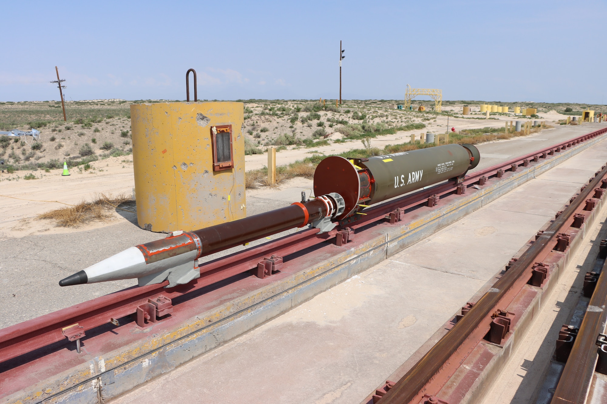 A hypersonic sled is ready to undergo a High Speed Recovery (HSR) test at the Arnold Engineering Development Complex High Speed Test Track at Holloman Air Force Base, New Mexico. During a test in July of this year, the sled traveled 5,300-feet per second on a monorail and was recovered as part of the HSR effort. (U.S. Air Force photo)