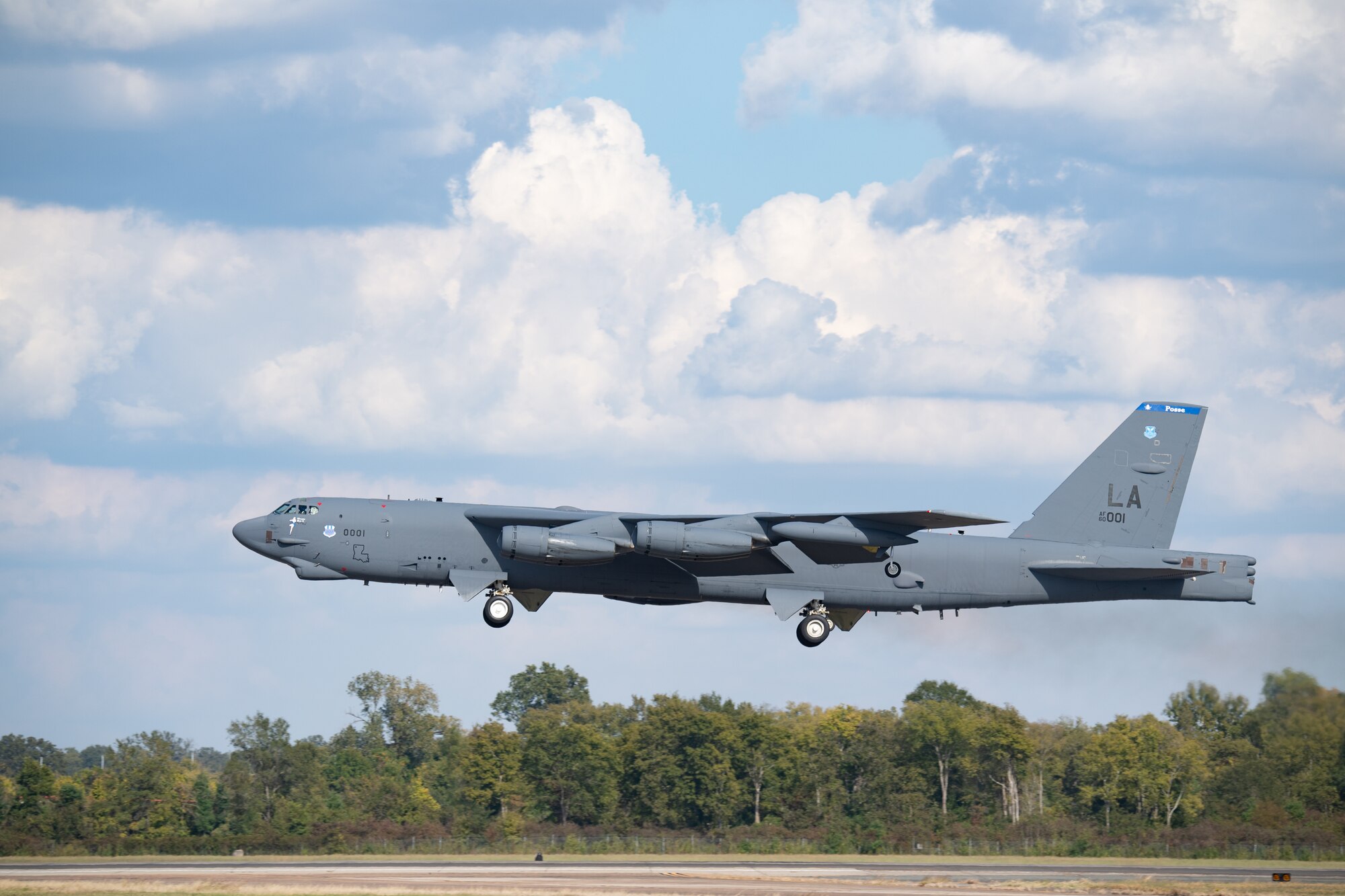 A B-52H Stratofortress takes off from Barksdale Air Force Base, Louisiana, Oct. 21, 2021. Maintenance teams, aircrew, and Airmen across the 2nd Bomb Wing participated in a readiness exercise to showcase nuclear combat capability. (U.S. Air Force photo by Staff Sgt. Christopher Tam)