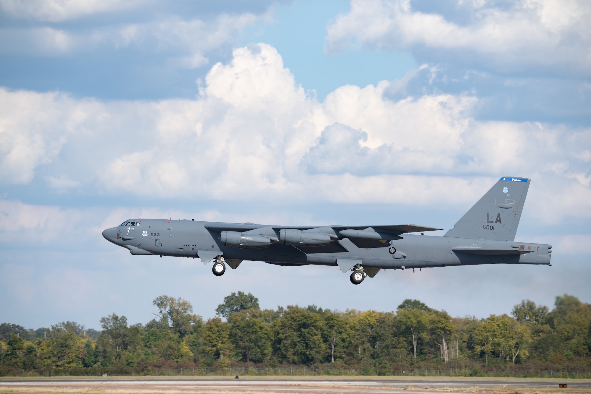 A B-52H Stratofortress takes off from Barksdale Air Force Base, Louisiana, Oct. 21, 2021. Maintenance teams, aircrew, and Airmen across the 2nd Bomb Wing participated in a readiness exercise to showcase nuclear combat capability. (U.S. Air Force photo by Staff Sgt. Christopher Tam)