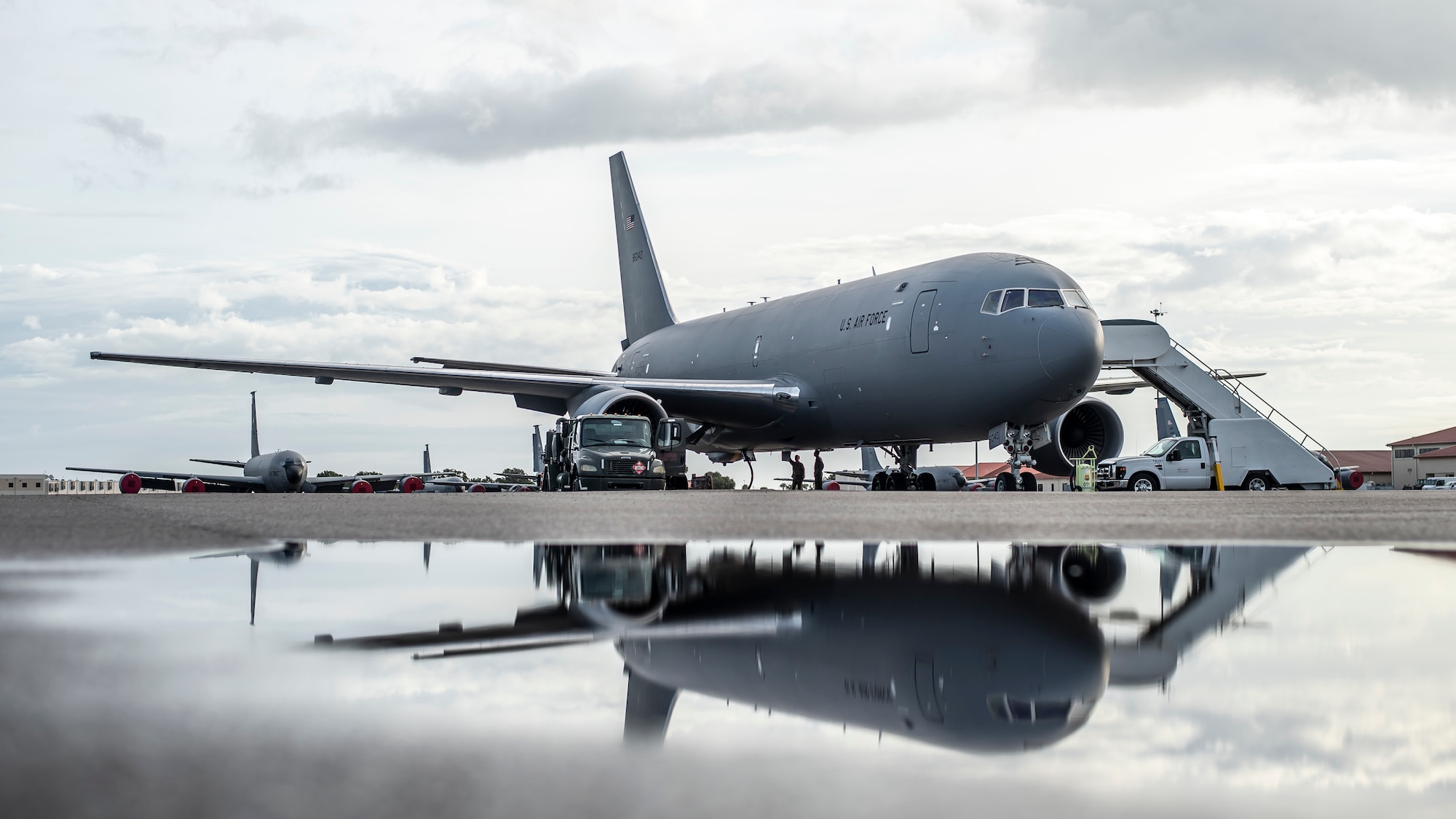 A KC-46A Pegasus refuels on the flight line at MacDill Air Force Base, Fla. Oct. 25, 2021.