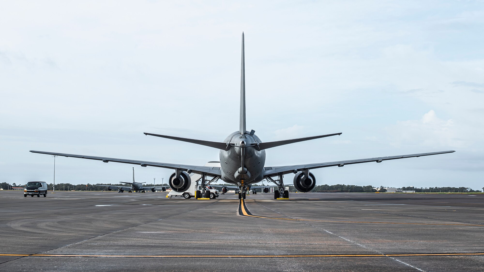 A KC-46A Pegasus refuels on the flight line at MacDill Air Force Base, Fla. Oct. 25, 2021.