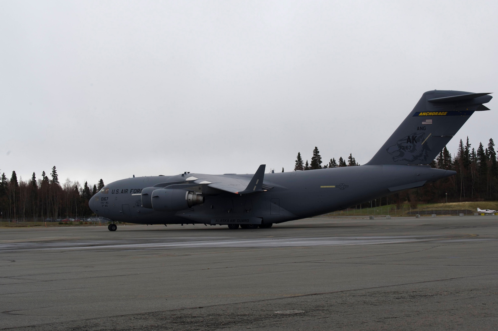 A C-17 Globemaster III assigned to the 176th Air National Guard prepares to depart at Ted Steven International Airport in Anchorage, Alaska as part of the Nodal Lightning exercise, Oct. 19, 2021. The Nodal Lightning exercise allowed the 732nd AMS personnel to respond efficiently and effectively to contested or degraded contingency environments.