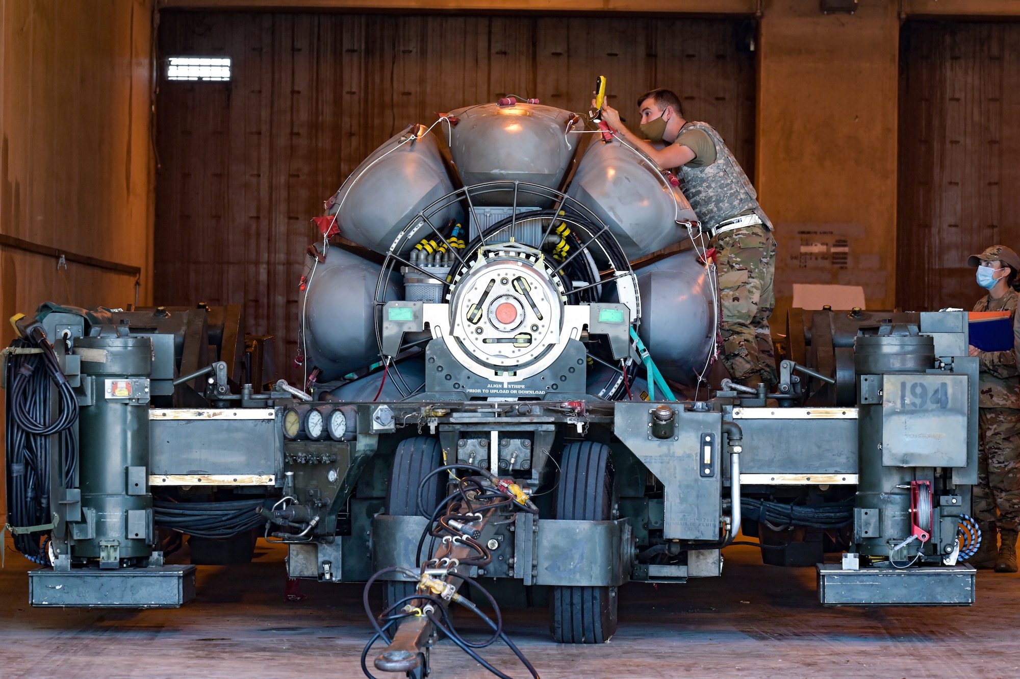 Airman 1st Class Matthew Jasper, 2nd Munitions Squadron missile maintenance team member, conducts maintenance on an Air-launched Cruise Missile at Barksdale Air Force Base, Louisiana, Oct. 18, 2021. The ALCM was developed to increase the effectiveness and survivability of the B-52H Stratofortress strategic bomber. (U.S. Air Force photo by Airman 1st Class Jonathan E. Ramos)