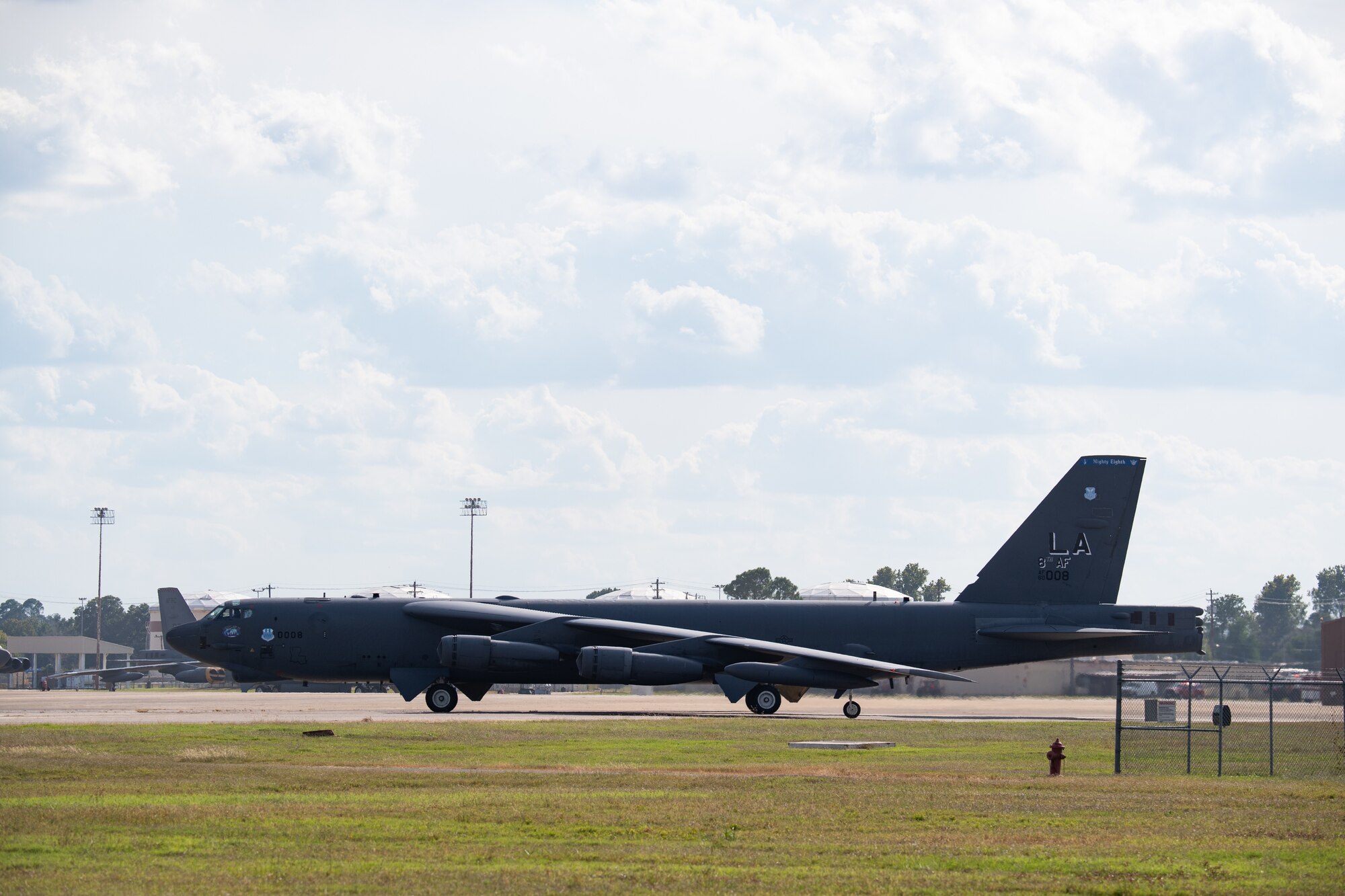 A B-52H Stratofortress taxis from Barksdale Air Force Base, Louisiana, Oct. 21, 2021. Maintenance teams, aircrew, and Airmen across the 2nd Bomb Wing participated in a readiness exercise to showcase nuclear combat capability. (U.S. Air Force photo by Staff Sgt. Christopher Tam)