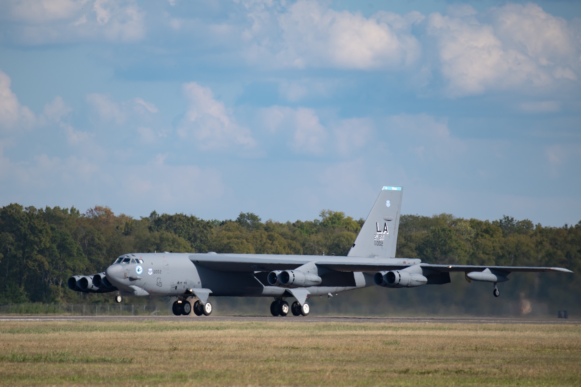 A B-52H Stratofortress takes off from Barksdale Air Force Base, Louisiana, Oct. 21, 2021. Maintenance teams, aircrew, and Airmen across the 2nd Bomb Wing participated in a readiness exercise to showcase nuclear combat capability. (U.S. Air Force photo by Staff Sgt. Christopher Tam)