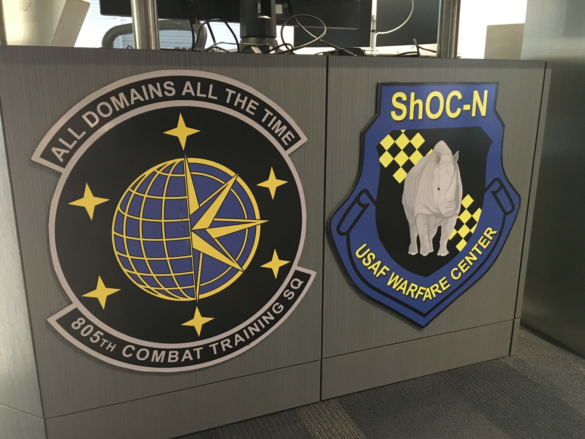 photo of two U.S. Air Force patches for the 805th Combat Training Squadron and the Shadow Operations Center-Nellis
