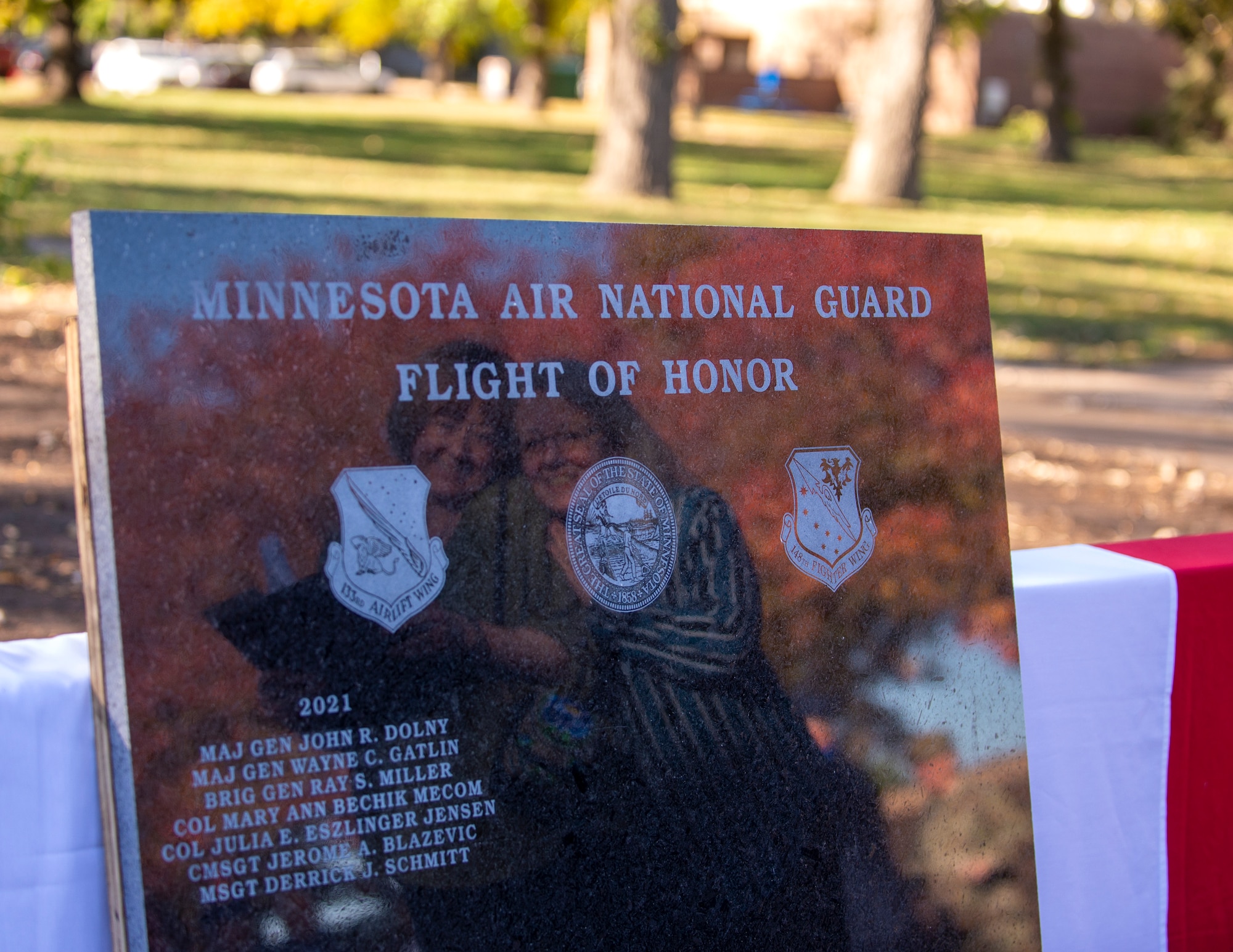 Family members for the Minnesota Air National Guard’s Flight of Honor program look at the monument, in St. Paul, Minn., Oct. 17, 2021.
