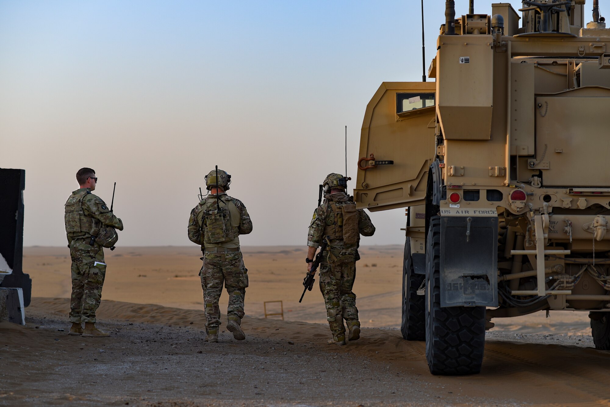 U.S. joint service members prepare to fire tracers downrange to mark targets for their Eurofighter Typhoon counterparts at Udairi Range, Kuwait, Oct. 21, 2021. U.S. Air Force joint terminal attack controllers deployed to the 82nd Expeditionary Air Support Operations Squadron, along with the U.S. Army 1st Battalion 194th Armor Regiment joint fires observers in-training, and the Italian air force (Aeronautica Militare) Task Group Typhoon practiced close air support, fostered enduring partnerships and advanced its decisive combat dominance during a live-fire training exercise. (U.S. Air Force photo by Staff Sgt. Ryan Brooks)