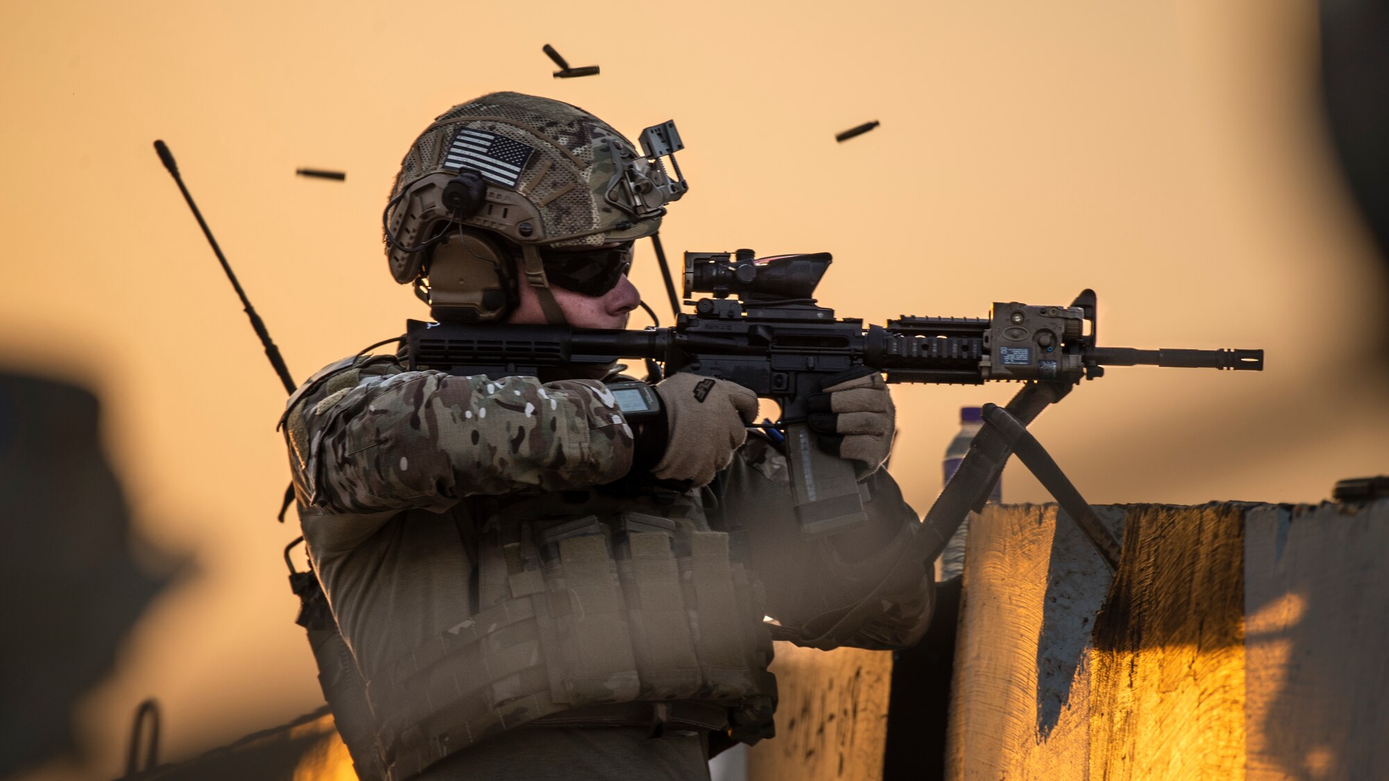 U.S. Air Force Tech. Sgt. Jason Waters, 82nd Expeditionary Air Support Operations Squadron joint terminal attack controller, fires an M-4 carbine at Udairi Range, Kuwait, Oct. 21, 2021. U.S. Air Force joint terminal attack controllers deployed to the 82nd Expeditionary Air Support Operations Squadron, along with the U.S. Army 1st Battalion 194th Armor Regiment joint fires observers in-training, and the Italian air force (Aeronautica Militare) Task Group Typhoon practiced close air support, fostered enduring partnerships and advanced its decisive combat dominance during a live-fire training exercise. (U.S. Air Force photo by Staff Sgt. Ryan Brooks)