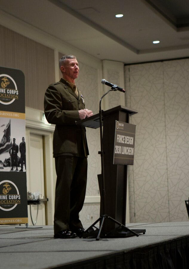U.S. Marine Corps Gen. Eric M. Smith, assistant commandant of the Marine Corps, speaks during the Force Design 2030 Luncheon in Arlington, Va., Oct. 21, 2021. Smith spoke on the Commandant's Force Design 2030 plan to senior leaders in the Marine Corps and sponsors of the Marine Corps Association. (U.S. Marine Corps photo by Cpl. Morgan L. R. Burgess)