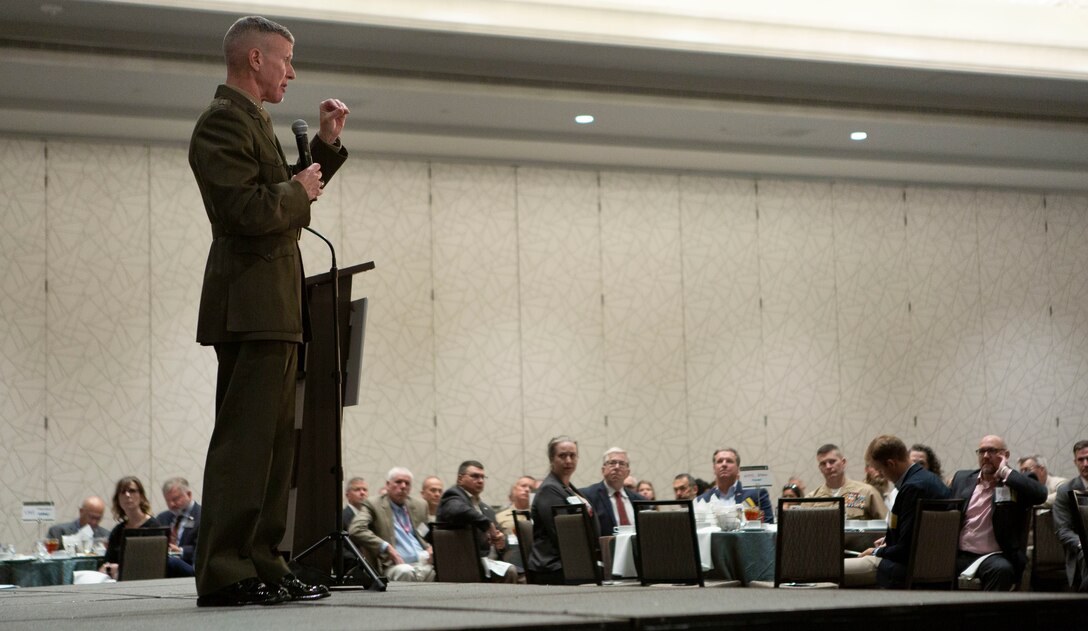 U.S. Marine Corps Gen. Eric M. Smith, assistant commandant of the Marine Corps, speaks during the Force Design 2030 Luncheon in Arlington, Va., Oct. 21, 2021. Smith spoke on the Commandant's Force Design 2030 plan to senior leaders in the Marine Corps and sponsors of the Marine Corps Association. (U.S. Marine Corps photo by Cpl. Morgan L. R. Burgess)