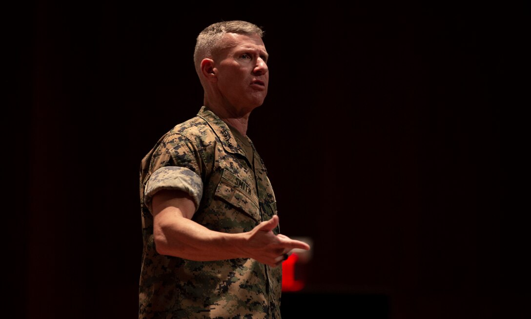 U.S. Marine Corps Gen. Eric M. Smith, assistant commandant of the Marine Corps, speaks at CORNERSTONE 22-1 in Warner Auditorium on Marine Corps Base Quantico, Va., Oct. 22, 2021. Smith spoke to future commanding officers and Sergeants Major on leadership and both his and the Marine Corps' expectations of them. (U.S. Marine Corps photo by Cpl. Morgan L. R. Burgess)