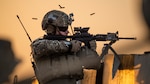 U.S. Air Force Tech. Sgt. Jason Waters, 82nd Expeditionary Air Support Operations Squadron joint terminal attack controller, fires an M-4 carbine at Udairi Range, Kuwait, Oct. 21, 2021. U.S. Air Force joint terminal attack controllers deployed to the 82nd Expeditionary Air Support Operations Squadron, along with the U.S. Army 1st Battalion 194th Armor Regiment joint fires observers in-training, and the Italian Air Force (Aeronautica Militare) Task Group Typhoon practiced close air support, fostered enduring partnerships and advanced its decisive combat dominance during a live-fire training exercise. (U.S. Air Force photo by Staff Sgt. Ryan Brooks)