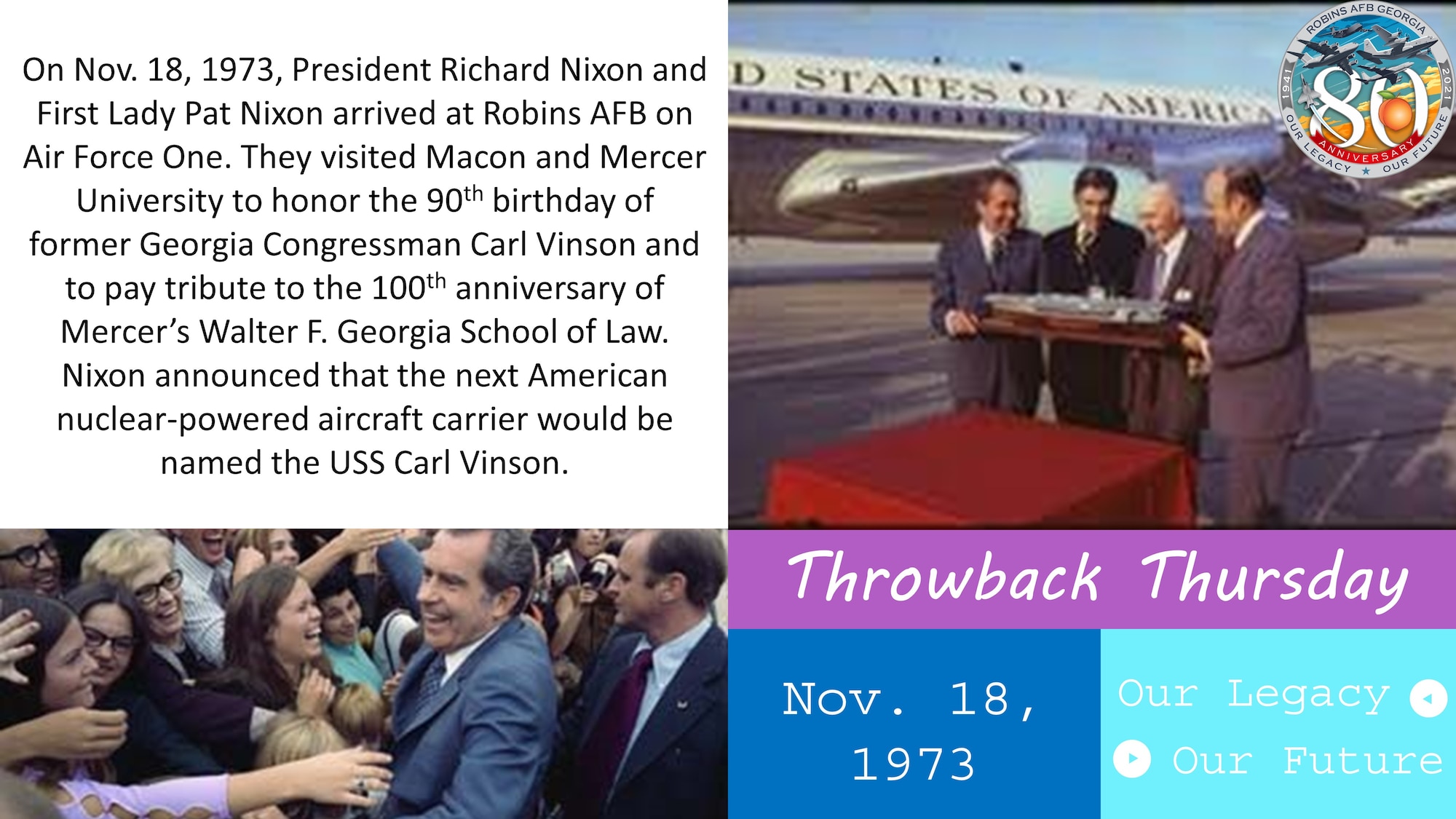 Graphic shows two pictures of Richard Nixon, one in front of Air Force One and one greeting the crowd