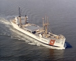 After its service as a VOA floating transmitter, Courier became Coast Guard reserve training ship, stationed at Training Center Yorktown. (U.S. Coast Guard)
