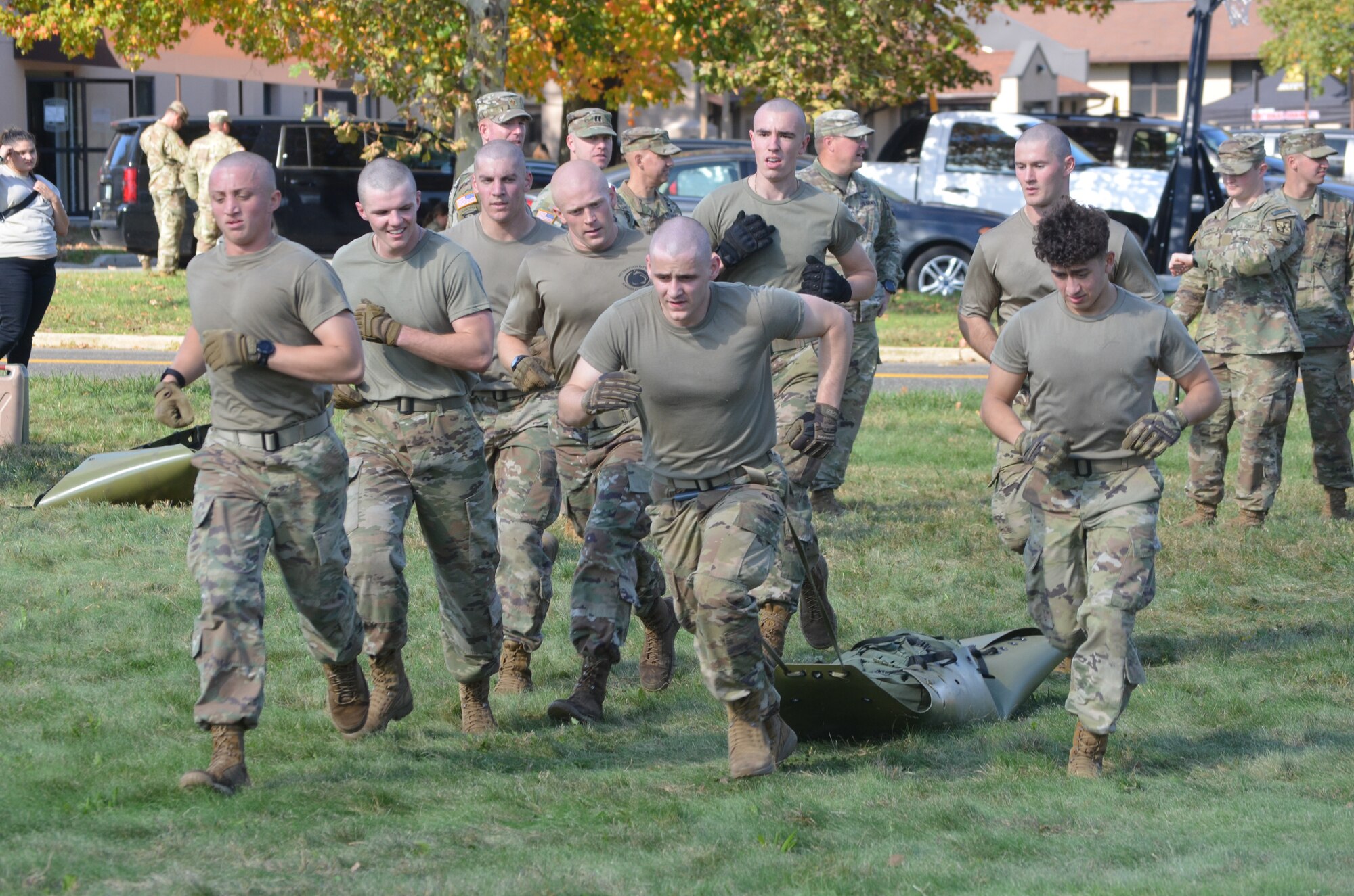 Cadets from Penn State complete the sled drag as part of the Fitness Event that kicked off the 2nd Brigade Ranger Challenge at Joint Base McGuire-Dix-Lakehurst, N.J., Oct. 22, 2021. 42 teams from programs across the brigade competed in this year's Ranger Challenge at Joint Base McGuire-Dix-Lakehurst.