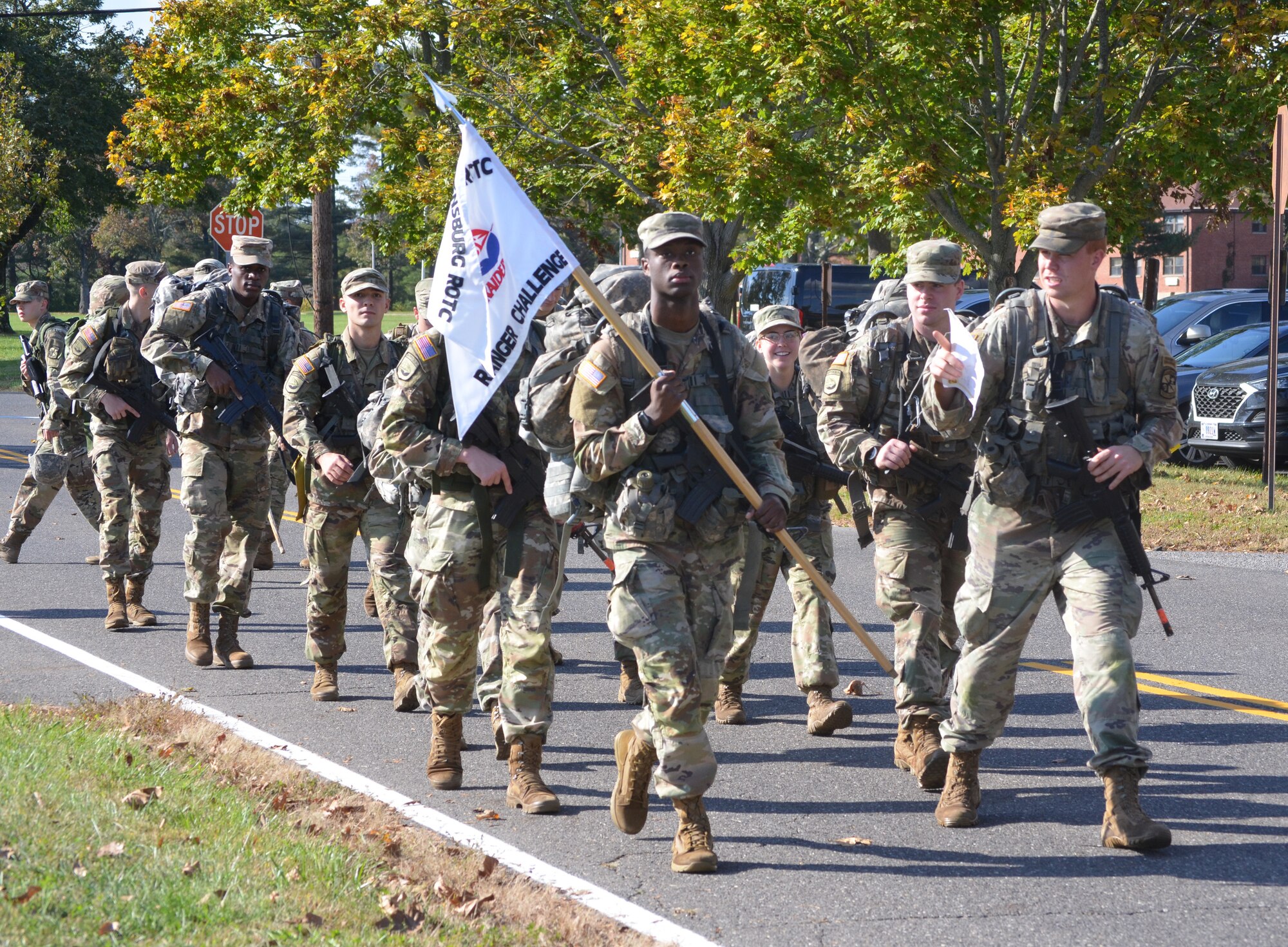 Cadets from Shippensburg University head out on a road march after completing the Fitness Event during the 2nd Brigade Ranger Challenge held on Joint Base McGuire-Dix-Lakehurst, N.J., Oct. 22, 2021. 42 teams from programs across the brigade competed in this year's Ranger Challenge at Joint Base McGuire-Dix-Lakehurst.