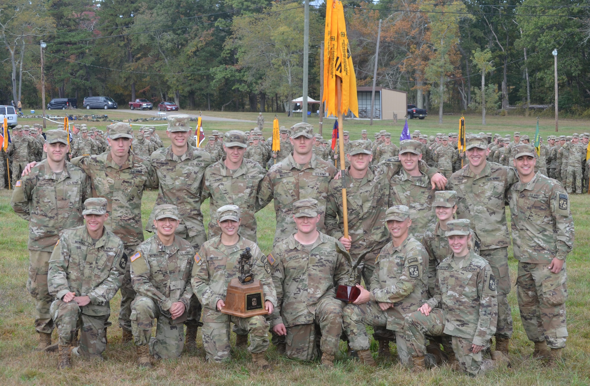The team from Penn State poses for a group photo after being named the first-place winners in the 2nd Brigade Ranger Challenge at Joint Base McGuire-Dix-Lakehurst, N.J., Oct. 24, 2021.