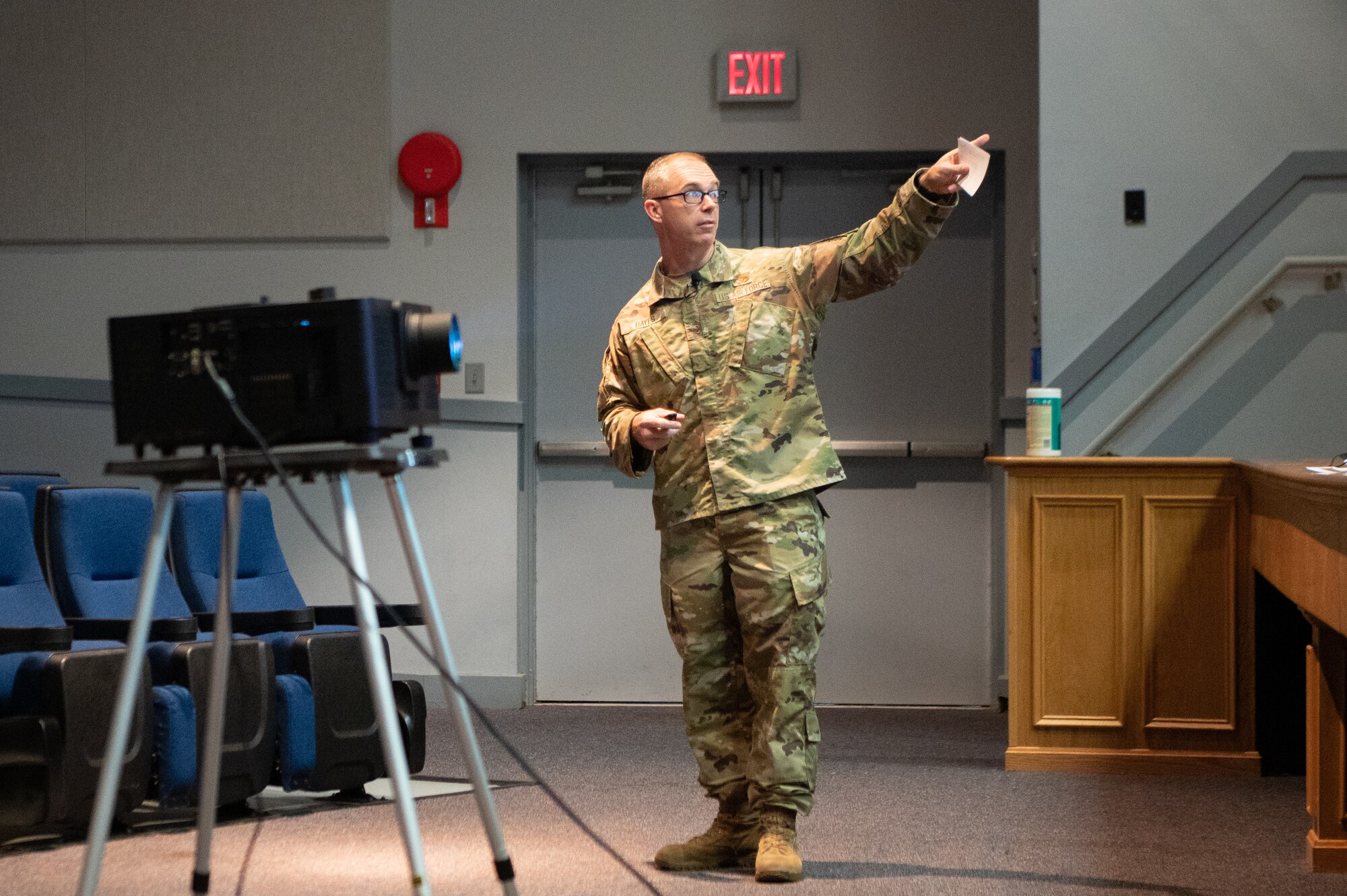 Chief Master Sgt. Timothy Bayes, 436th Airlift Wing command chief, speaks during a senior noncommissioned officer all call on Dover Air Force Base, Delaware, Oct. 25, 2021. Bayes spoke on the importance of preparing for future threats and adversaries on the world stage. (U.S. Air Force photo by Mauricio Campino)