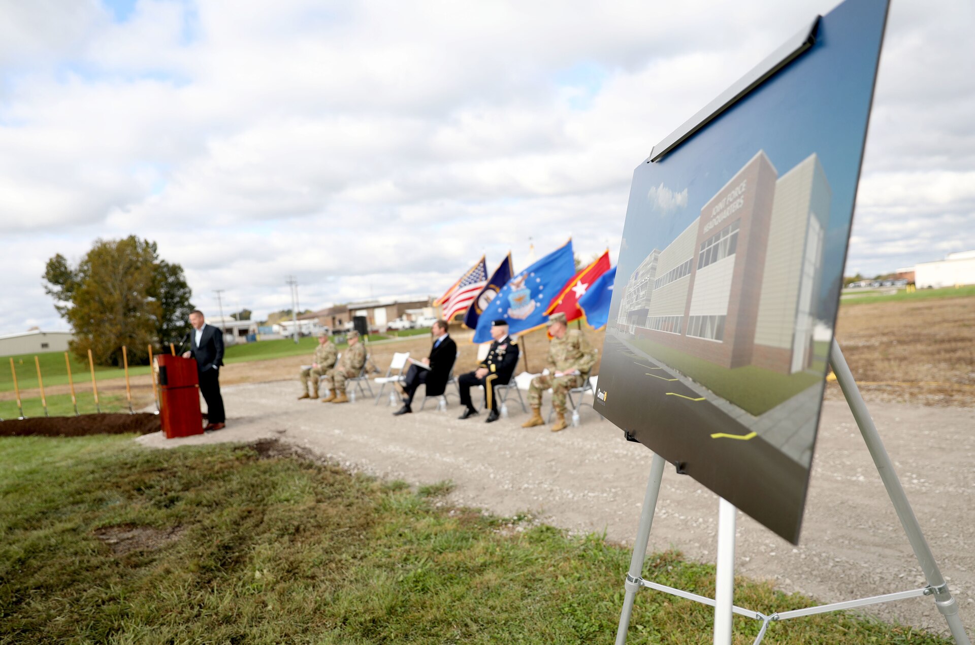 Brig. Gen. Steve King, construction and facility officer, speaks to the crowd during the groundbreaking ceremony at Boone National Guard Center in Frankfort, Ky., Oct. 26, 2021. 

The building has been twenty years in the making will be the first structure in the history of the Kentucky National Guard built solely for command and control of the KYNG. (U.S. Army National Guard photo by Sgt. 1st Class Benjamin Crane)