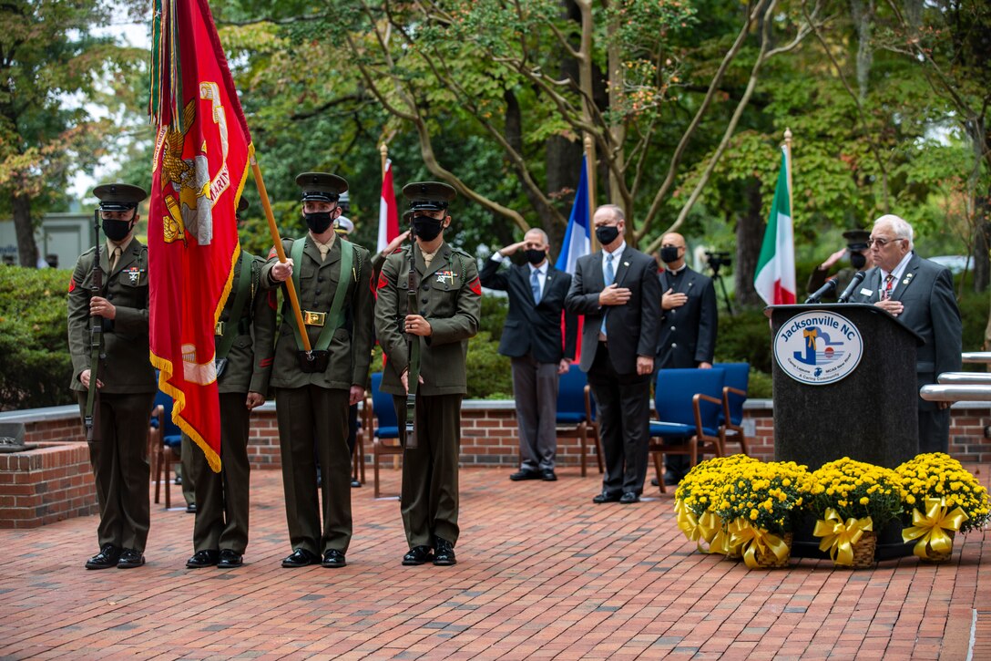 U.S. Marines with 1st Battalion, 8th Marine Regiment color guard present the colors at the 38th Beirut Memorial Observance Ceremony at the Lejeune Memorial Gardens in Jacksonville, North Carolina, Oct. 23, 2021.
