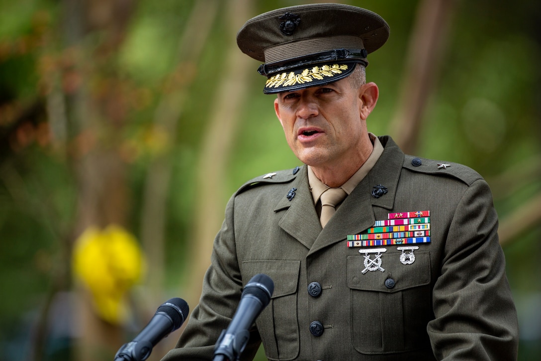 U.S. Marine Corps Brig. Gen. Andrew M. Niebel, commanding general, Marine Corps Installations East-Marine Corps Base Camp Lejeune, gives his remarks at the 38th Beirut Memorial Observance Ceremony at the Lejeune Memorial Gardens in Jacksonville, North Carolina, Oct. 23, 2021.