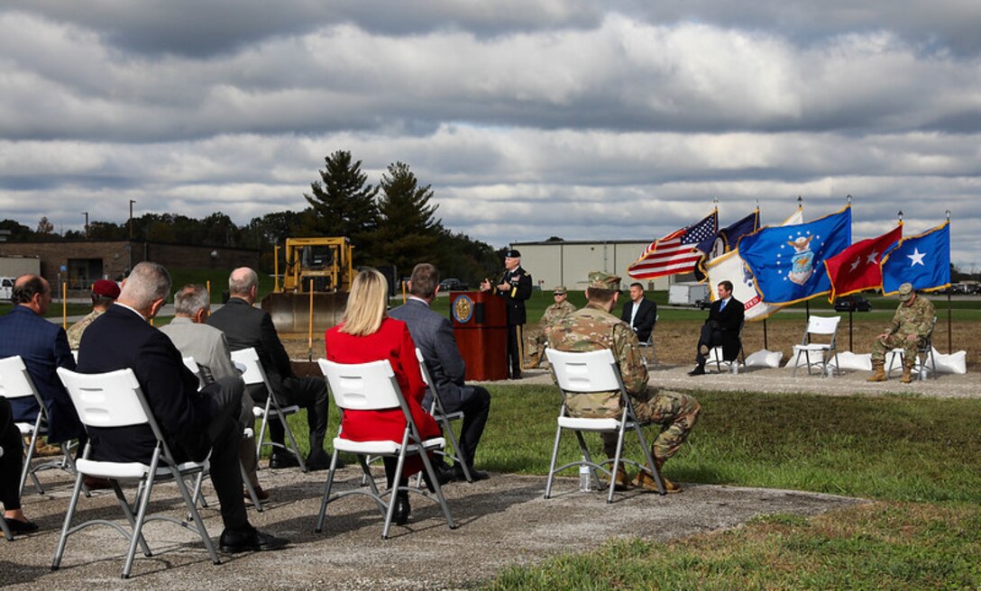Kentucky National Guard's Adjutant General, Maj, Gen. Haldane B. Lamberton, speaks to the crowd during the groundbreaking ceremony for the Joint Force Headquarters building on Boone National Guard Center in Frankfort Oct. 26. 2021 (U.S. Army National Guard photo by Jesse Elboaub).