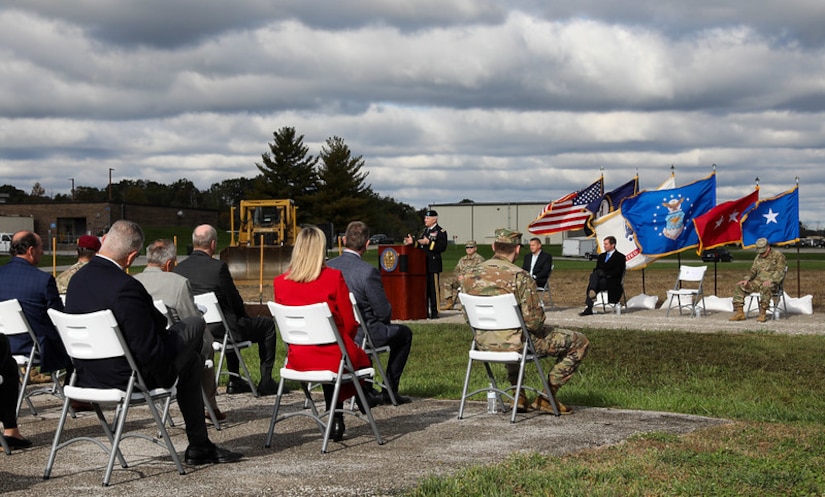 Kentucky National Guard's Adjutant General, Maj, Gen. Haldane B. Lamberton, speaks to the crowd during the groundbreaking ceremony for the Joint Force Headquarters building on Boone National Guard Center in Frankfort Oct. 26. 2021 (U.S. Army National Guard photo by Jesse Elboaub).