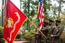 U.S. Marines with 1st Battalion, 8th Marine Regiment color guard present the colors at the 38th Beirut Memorial Observance Ceremony at the Lejeune Memorial Gardens in Jacksonville, North Carolina, Oct. 23, 2021.