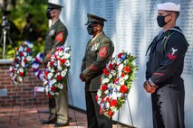 U.S. Marine Corps Cpl. Wilber A. Hernandez, a musician, headquarters battalion, 2nd Marine Division, plays the bugle at the 38th Beirut Memorial Observance Ceremony at the Lejeune Memorial Gardens in Jacksonville, North Carolina, Oct. 23, 2021.