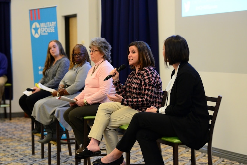 Military spouses take part in an education and employment panel.
