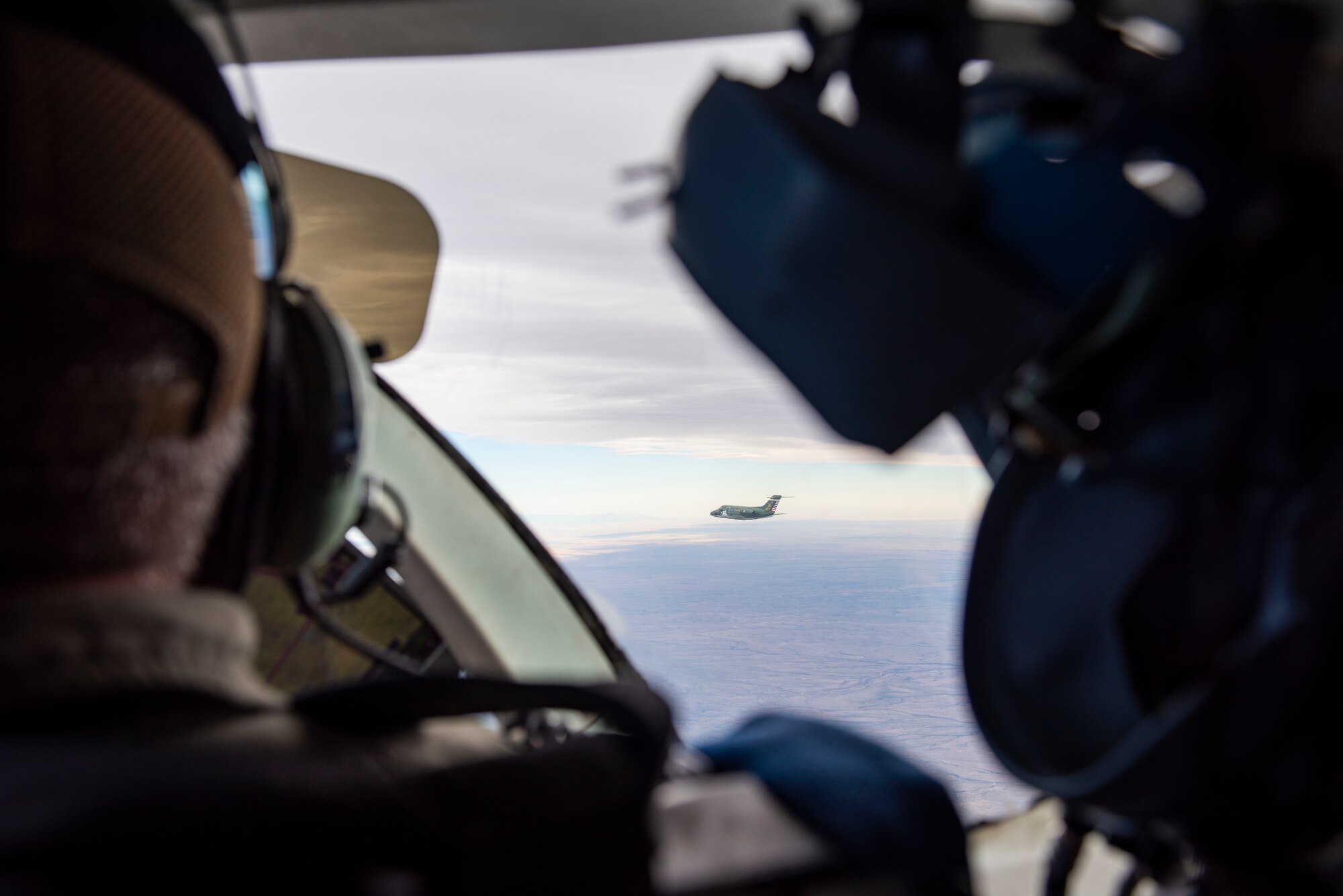 The 86th Flying Training Squadron’s heritage tail flies through the air as it journeys to Holloman Air Force Base, New Mexico on Oct. 19, 2021. The aircraft along with another T-1 Jayhawk carry supplies for Operation Allies Welcome that help refugees from Afghanistan. (U.S. photo by Senior Airman David Phaff)
