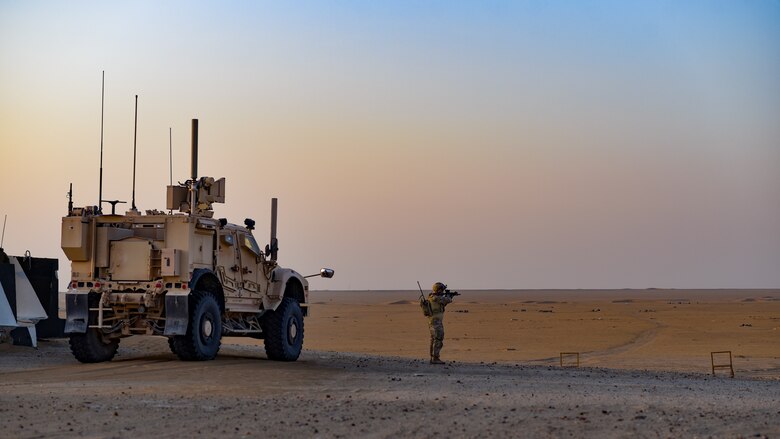 U.S. Air Force Tech. Sgt. Jason Waters, 82nd Expeditionary Air Support Operations Squadron joint terminal attack controller, fires tracers downrange at Udairi Range, Kuwait, Oct. 21, 2021. USAF JTACs deployed to the 82nd EASOS, along with the U.S. Army 1st Battalion 194th Armor Regiment joint fires observers in-training, and the Italian air force (Aeronautica Militare) Task Group Typhoon practiced close air support, fostered enduring partnerships and advanced its decisive combat dominance during a live-fire training exercise. (U.S. Air Force photo by Staff Sgt. Ryan Brooks)