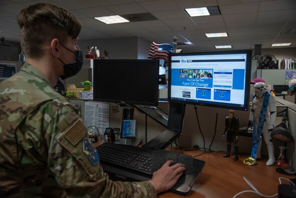 PETERSON SPACE FORCE BASE, Colo. – U.S. Air Force Airman 1st Class Ryan Prince Peterson-Schriever Garrison Public Affairs mass communication specialist, visits the Combined Federal Campaign website at Peterson Space Force Base, Colorado, Oct. 26, 2021.  The official giving period for the 2021 CFC campaign is Sept. 1, 2021 until Jan. 15, 2022. Overseen by the U.S. Office of Personnel Management, the Combined Federal Campaign is the official workplace giving campaign for federal employees and retirees, allowing them to donate a portion of their income to a variety of charitable organizations of their choice.  (U.S. Space Force photo by Airman 1st Class Aaron Edwards