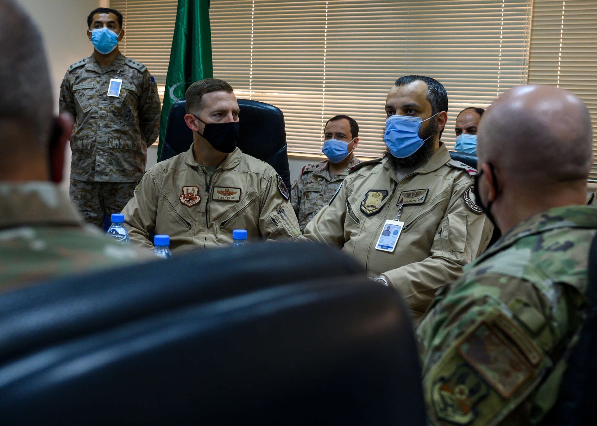 Air base leaders from the U.S. Air Force and Royal Saudi Air Force at, U.S. Air Force share opening remarks to begin aa Major Accident Response Exercise, Oct. 6, 2021. The event was the first time both RSAF and USAF personnel at PSAB have participated in an integrated MARE, demonstrating the continued growth of the local partner nation relationship. (U.S. Air Force photo by Senior Airman Samuel Earick)