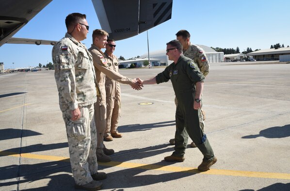 American and Polish military members standing on flightline