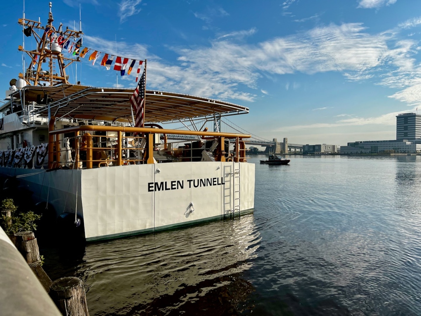 The U.S. Coast Guard commissioned the U.S. Coast Guard Cutter Emlen Tunnell, Patrol Forces Southwest Asia's fourth 154-foot Sentinel-class cutter, into service at Penn's Landing in Philadelphia on Oct. 15, 2021. Adm. Karl Schultz, commandant of the U.S. Coast Guard, will preside over the ceremony. Yvonne Gilmore Jordan, the eldest first cousin to Tunnell, is the ship's sponsor. (U.S. Coast Guard photo by Clinton Muir)