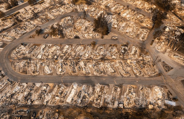 Pictured is the Royal  Oaks Mobile Manor Mobile Home Park in Medford, Ore., after a wildfire ripped through the area in September and October of 2020.