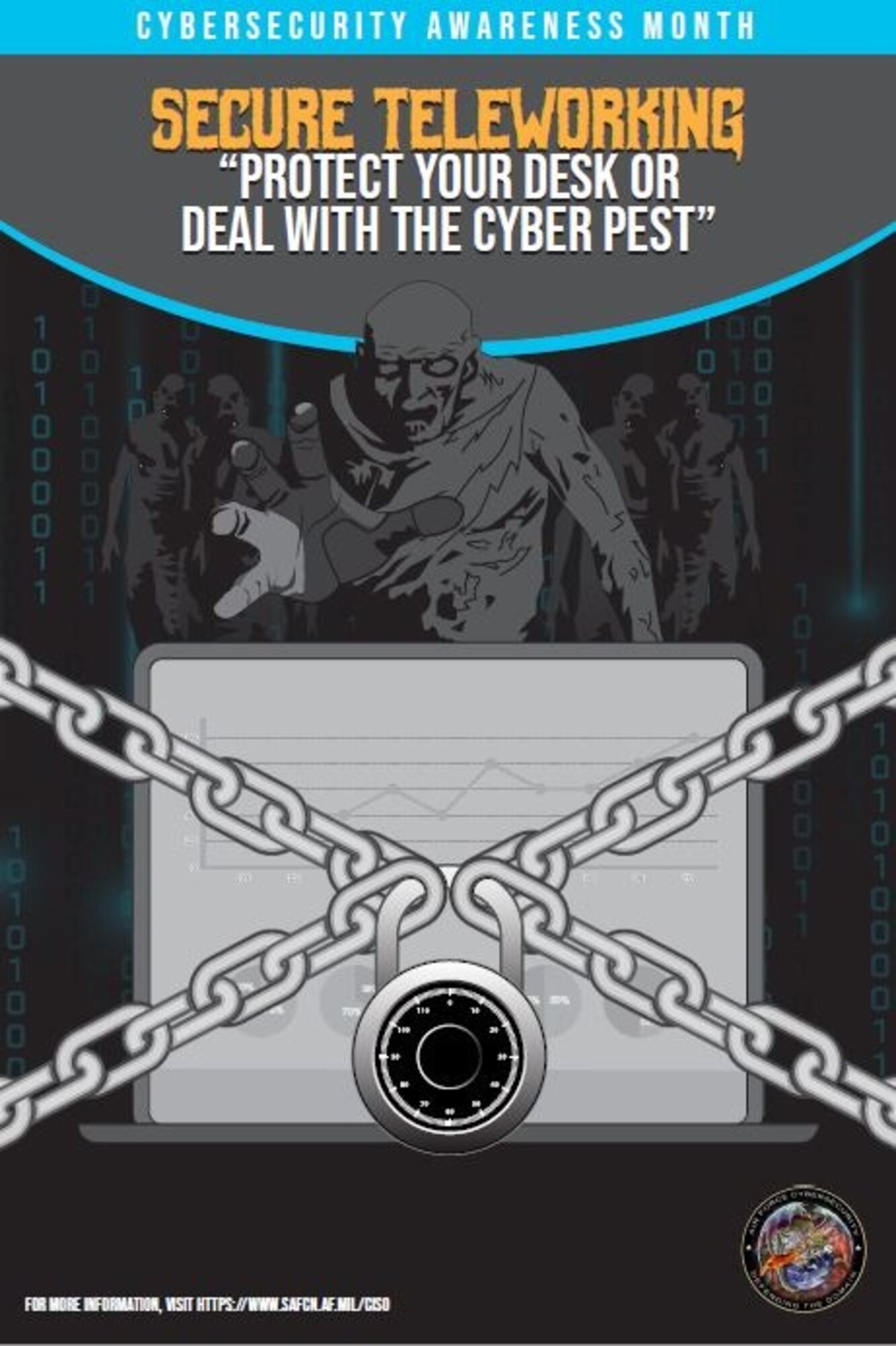 Cybersecurity Awareness Month 2021 is here. Week three is about secure teleworking—Internet zombies want to steal our vital data and interrupt your workflow! (U.S. Air Force graphic)